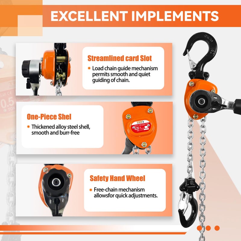TKK Mini Lever Chain Hoist 1/4 Ton - 550lbs Capacity, 10ft Lift, Safety Hooks - Portable Manual Hoist for Garages, Warehouse, Automotive - Come Along Winch, Ratchet G80 Chain Fall Hoist - Image 5